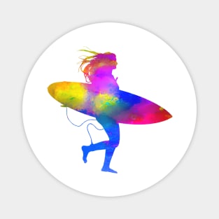 Running Woman on Beach with Surfboard Magnet